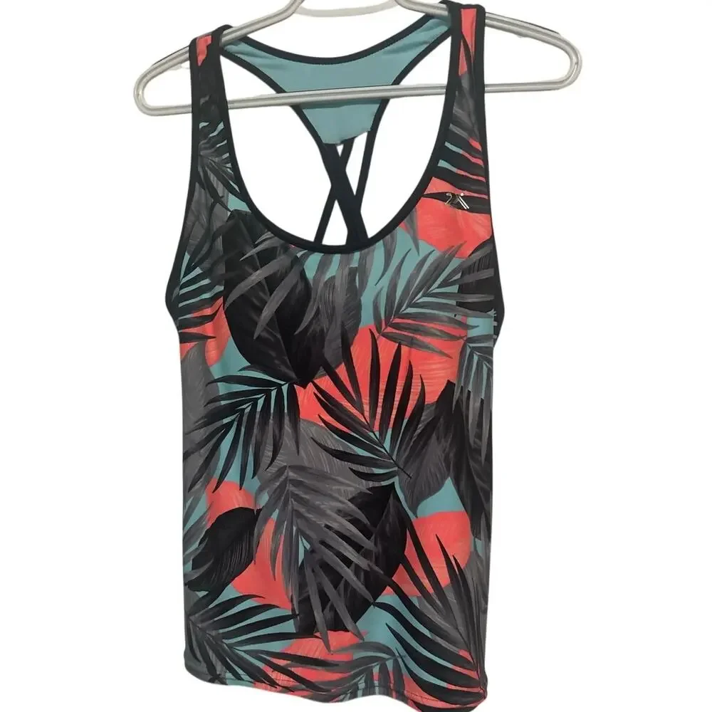 ZeroXposur Women's Black Blue Orange Tropical Tankini Razorback Straps Size XL